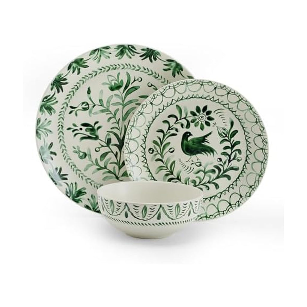 And Floyd Sicily Green 12-Piece Dinnerware Set - Stoneware Plates and Bowls Set for 4, Floral Green and White Dish