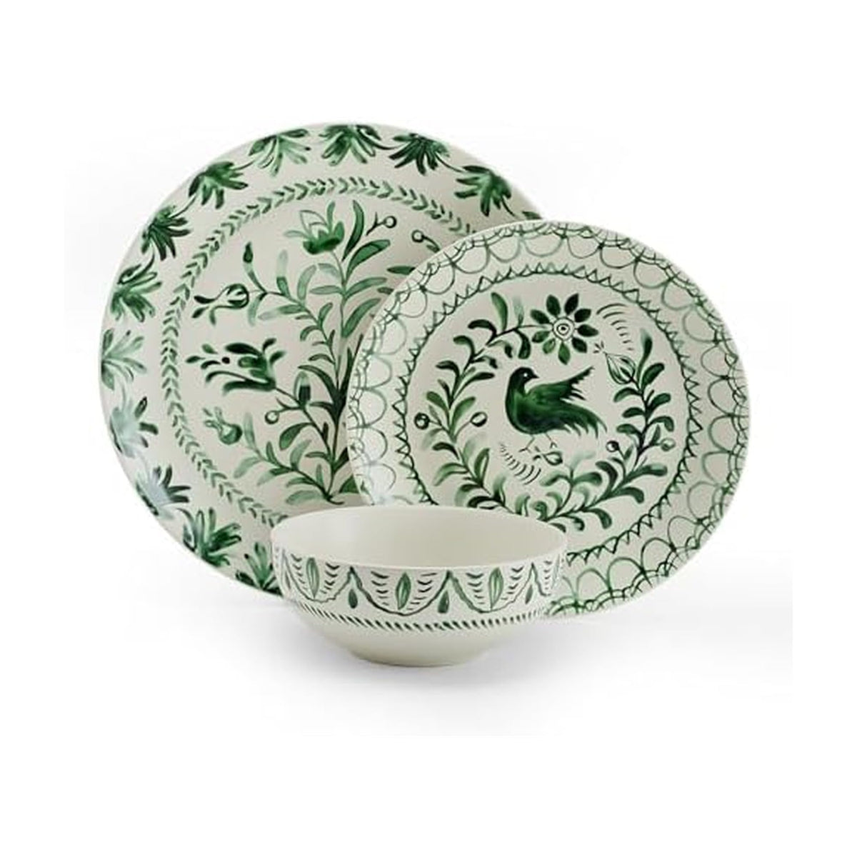 And Floyd Sicily Green 12-Piece Dinnerware Set - Stoneware Plates and Bowls Set for 4, Floral Green and White Dish