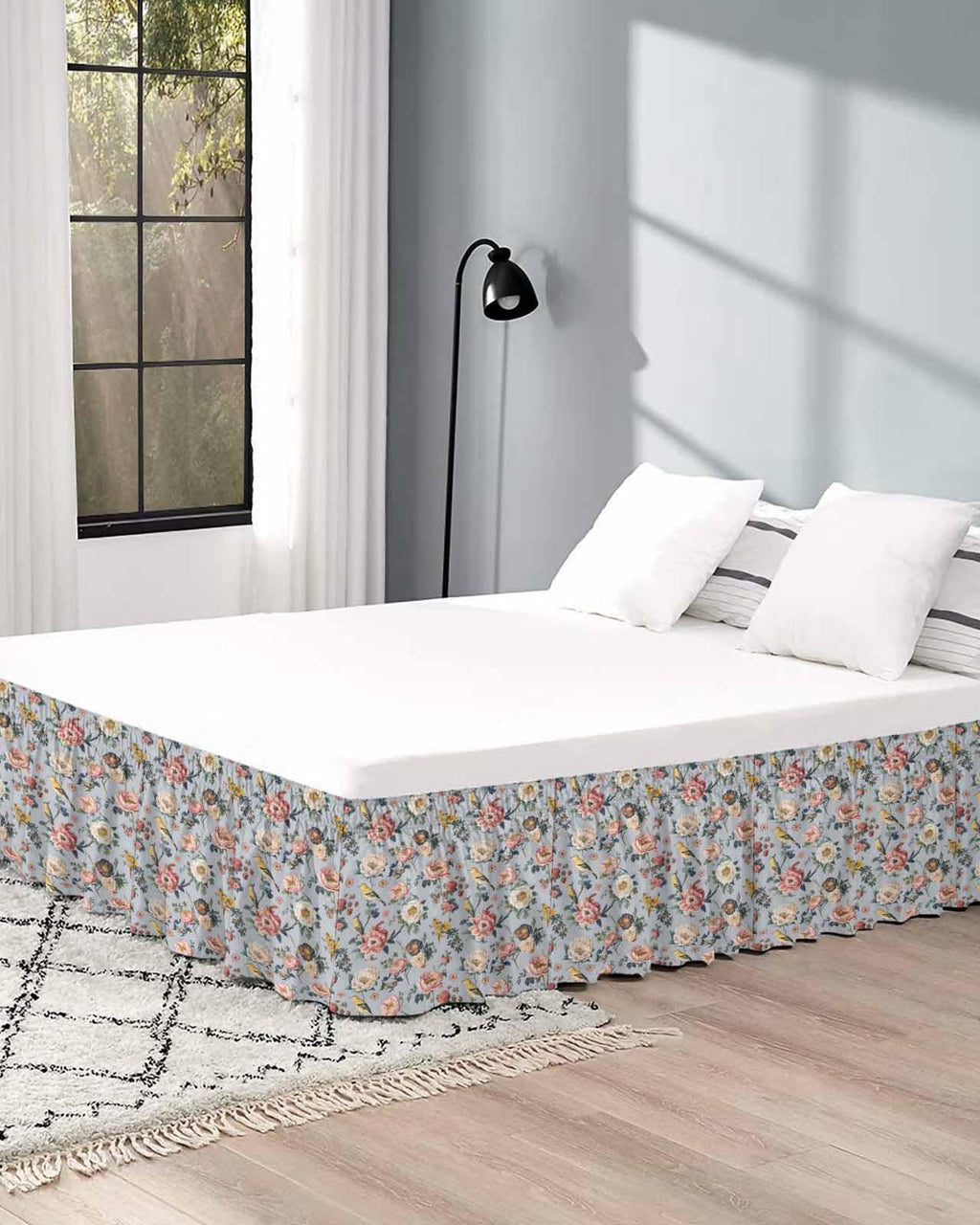 Vintage Spring Floral Bed Skirt 18 Inch Drop, Adjustable Elastic Bedskirt Dust Ruffle for Bed