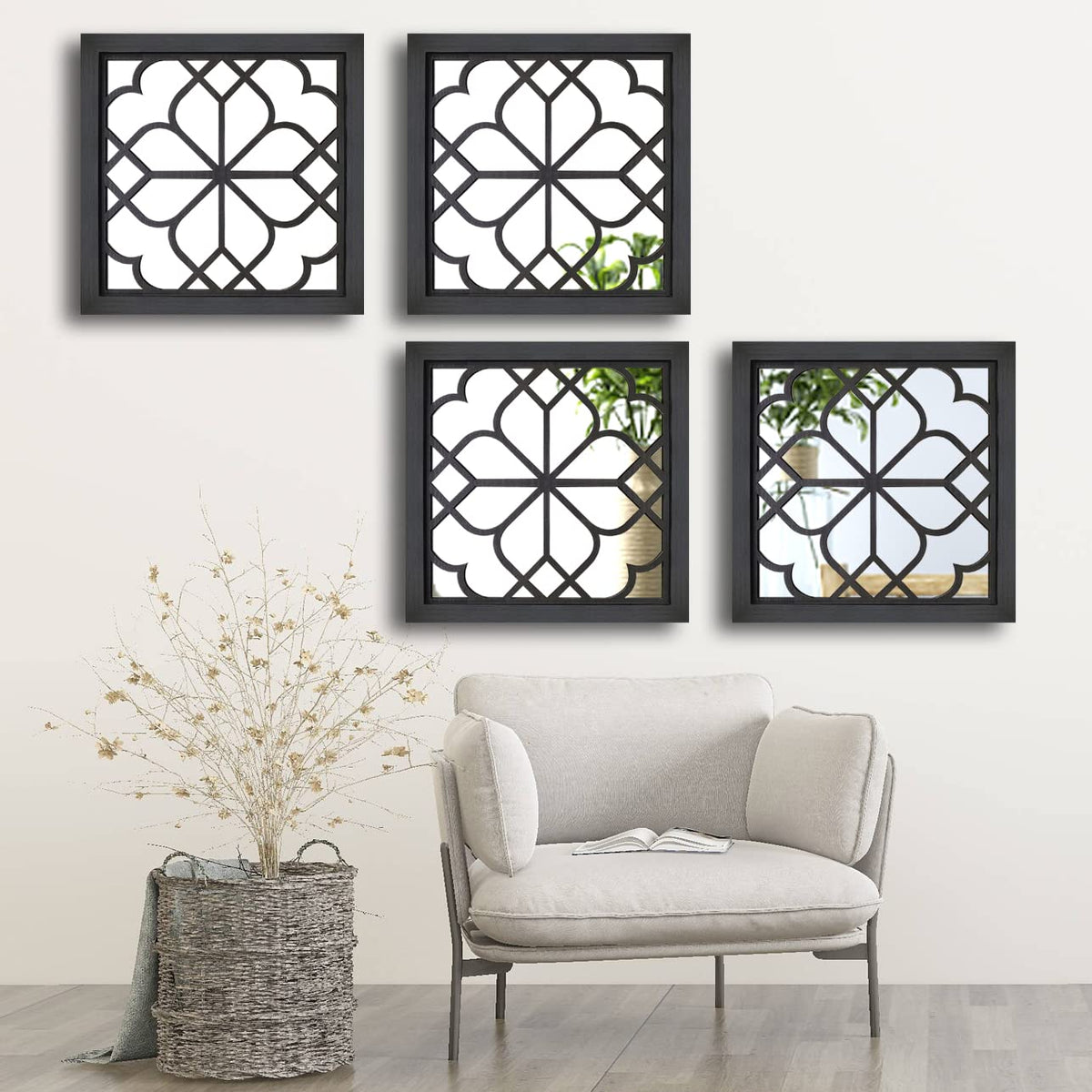 Set of 4 Mirrors Square Wall Mirror,Gorgeous Rustic Farmhouse Accent Mirror,Black Entry Mirror