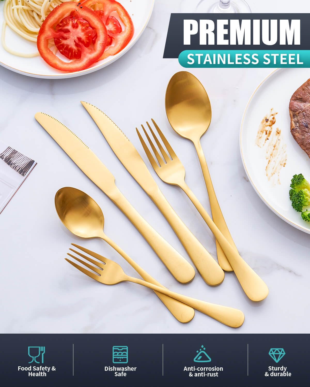 Matte Gold Silverware Set with Steak Knives,24-Piece Stainless Steel Flatware Set for 4,Modern Cutlery Utensils