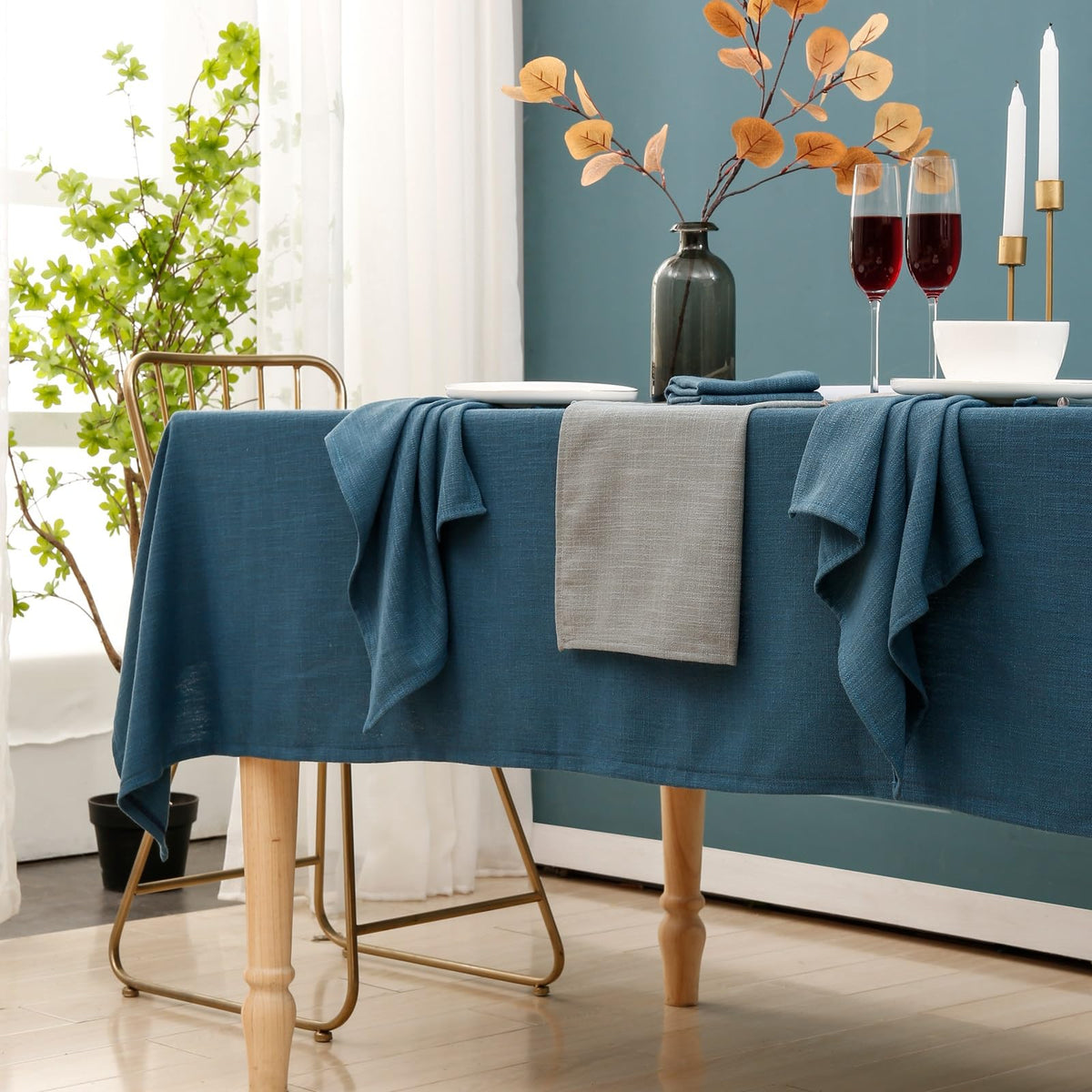 Rectangle Blue Tablecloth 60 x 108 Inch, Linen Textured Waterproof Table Cloth, French Soft Decorative Fabric Table