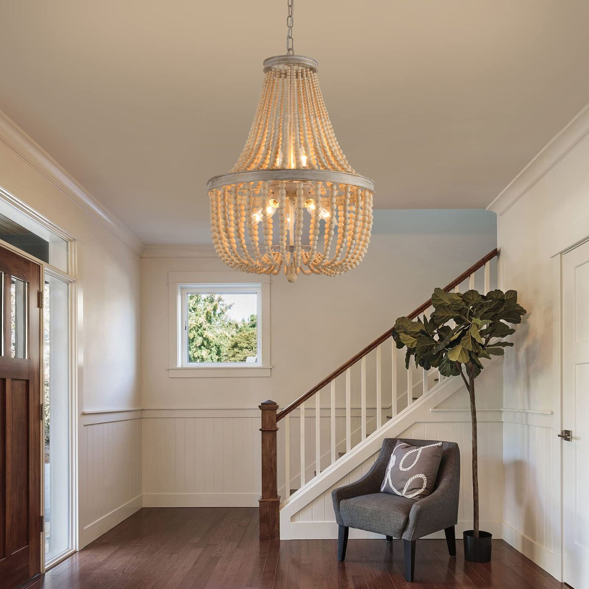 Farmhouse Wood Beaded Chandelier, Oak White 8-Lights Retro Vintage Antique Rustic Boho Pendant Light Fixture for Foyer