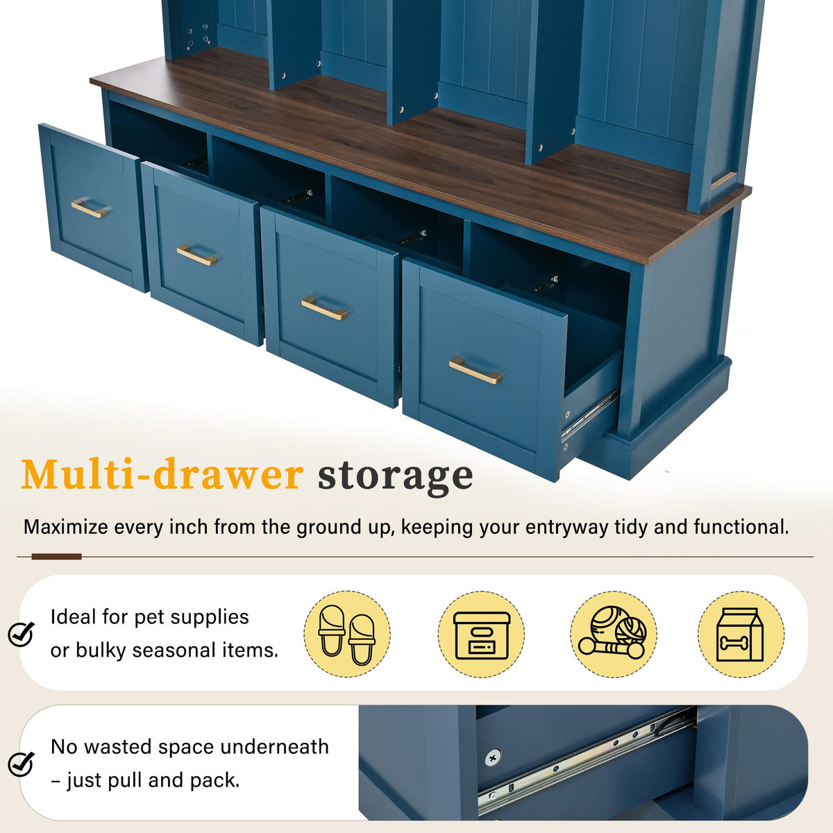 Farmhouse Hall Tree with Storage Cabinet & Shoe Bench, Navy Blue