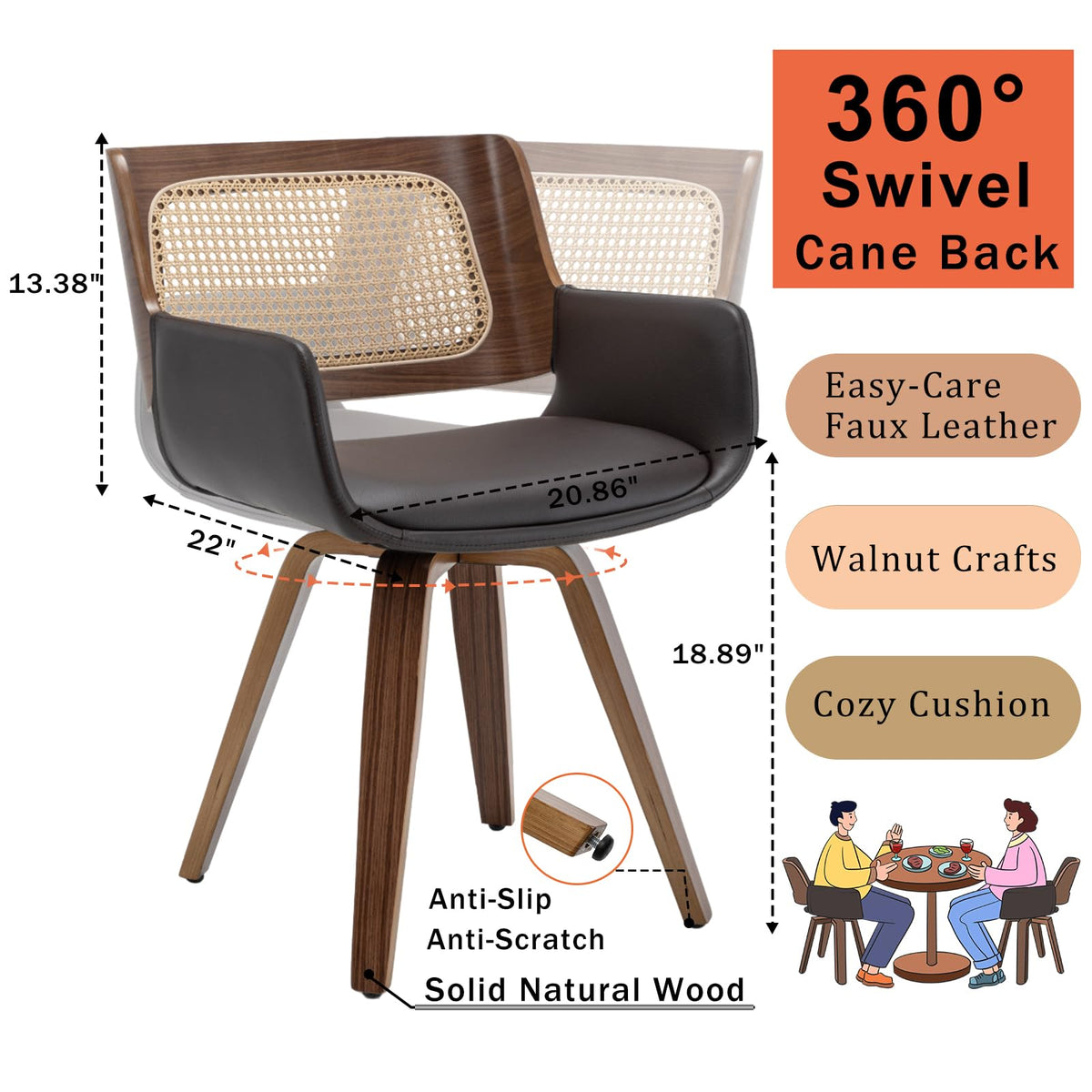 Cane Back Dining Chairs - Swivel Dining Room Chairs with Curved Arms