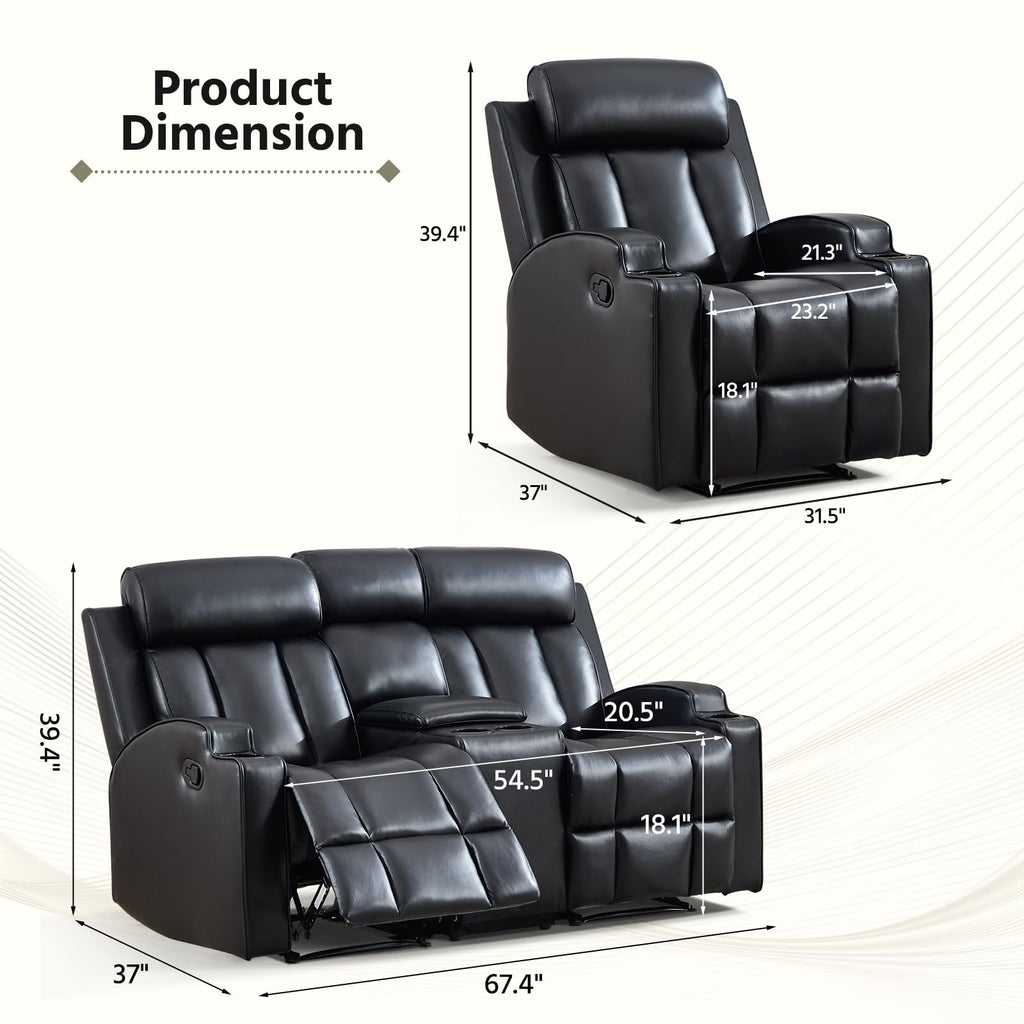 3-Piece Manual Recliner Sofa Set, Included Recliner and 2Loveseat 2-Seater Sofa with Center Console, Overstuffed Pu