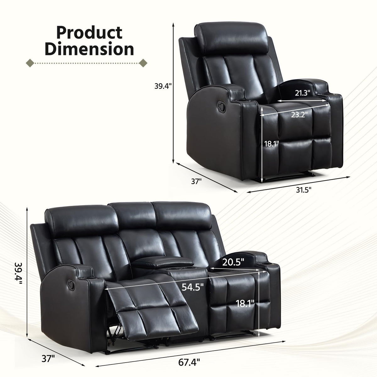 3-Piece Manual Recliner Sofa Set, Included Recliner and 2Loveseat 2-Seater Sofa with Center Console, Overstuffed Pu