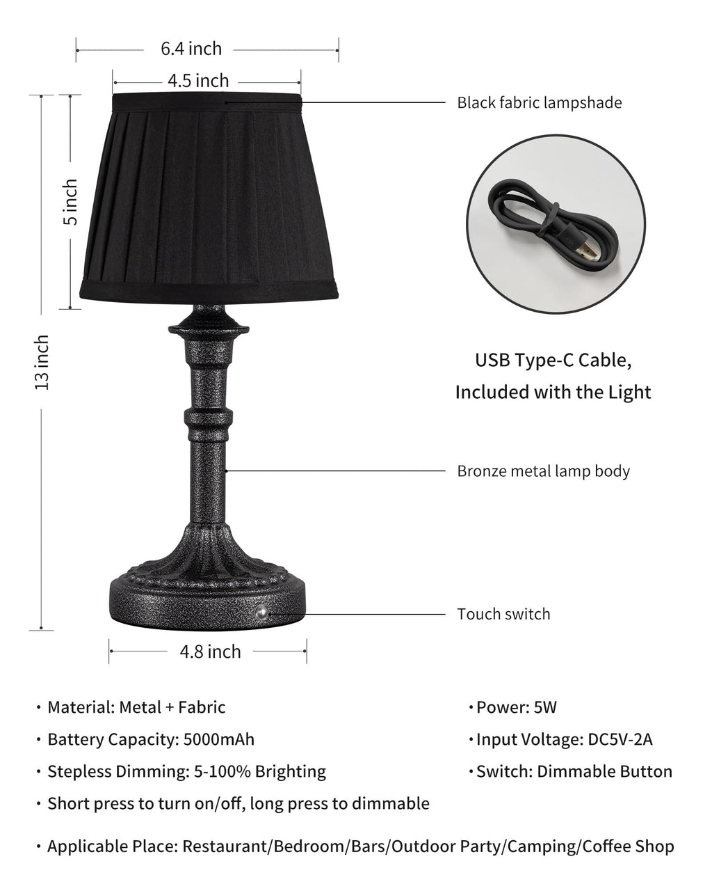 Mottled Silver Cordless Table Lamps Set of 2, Black Fabric Shade Light