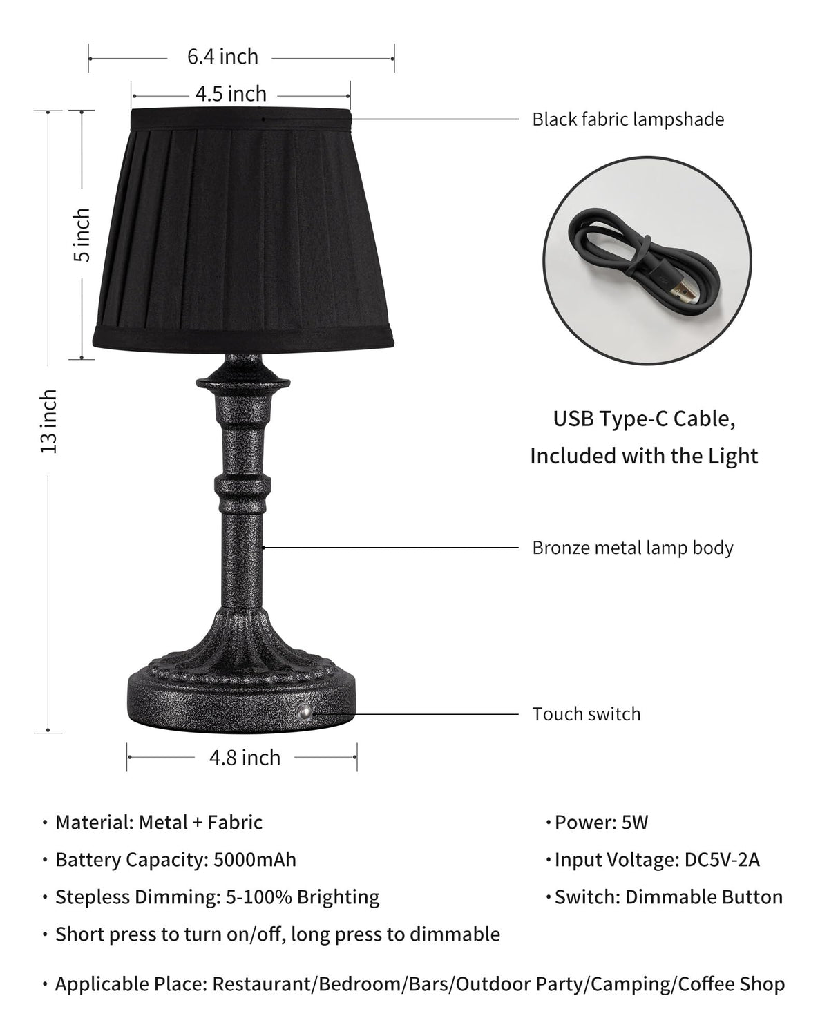 Mottled Silver Cordless Table Lamps Set of 2, Black Fabric Shade Light