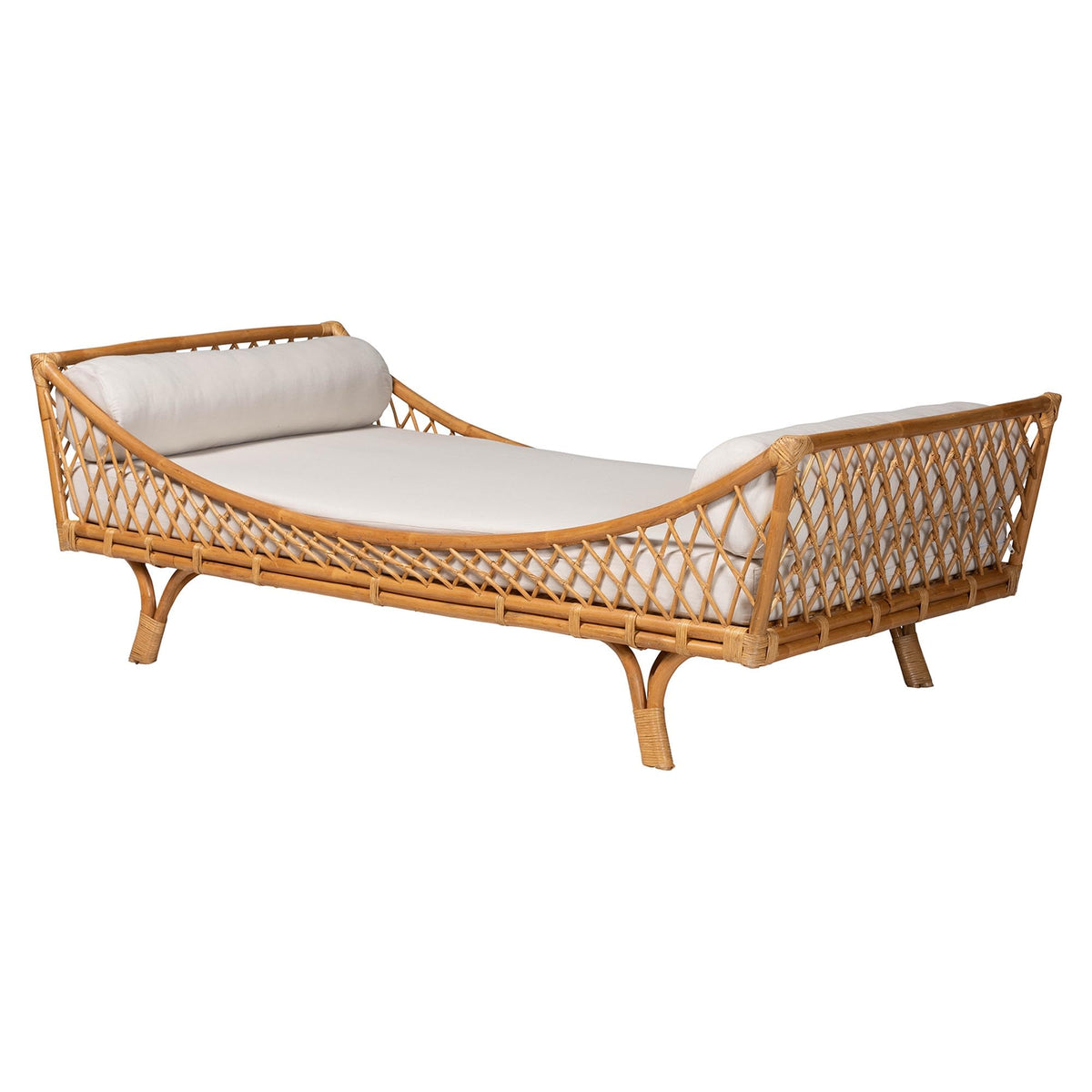 Akemi Handwoven Natural Rattan Daybed with Cushion - Boho Coastal Lounge Bed, or Sunroom