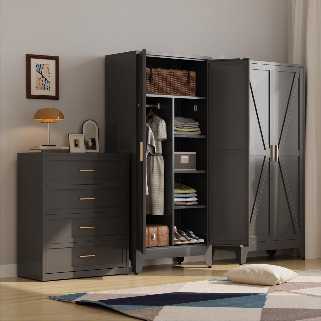 Metal Armoire Wardrobe Closet, Bedroom Armoires with Hanging Rod