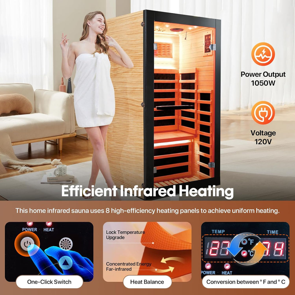 Sauna One Person Infrared Saunas Room Chilean Pine Wood 1050W Dry Saunas Spa with 7 Color Starry Sky Light Oxygen Bar