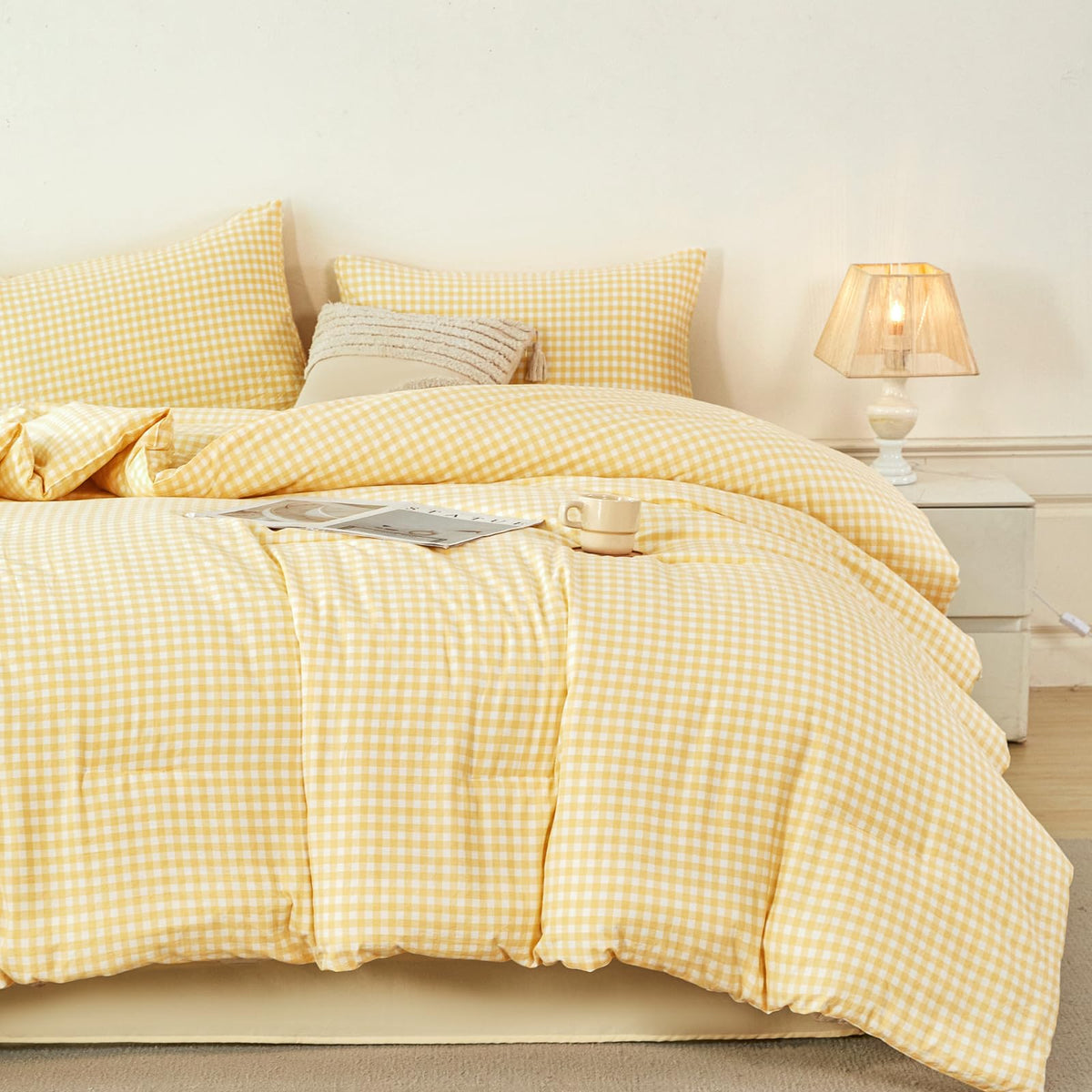 Gingham Bedding Sets 5Pcs Yellow Soft Plaid Bed in a Bag