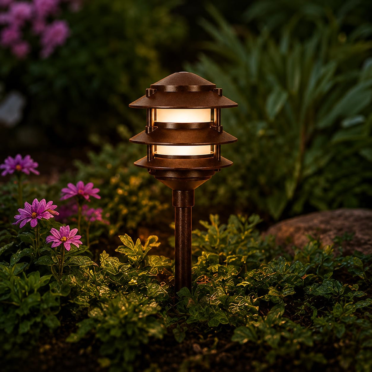 12 Low Voltage Landscape 3 Tier Cast Aluminum Pagoda Light, for Gardens, Walkways, Pathways & Yards (Rust)