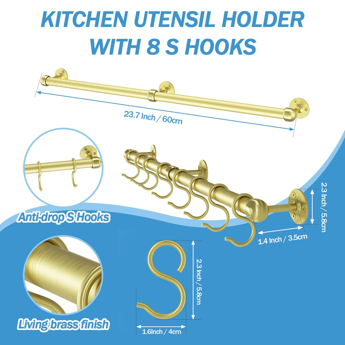 Stainless Steel Hanging Pot Rack Hanger: 23.7 Inch Brass Pot and Pan Hanger Wall Mounted Hanging Pot Bar Rack Heavy