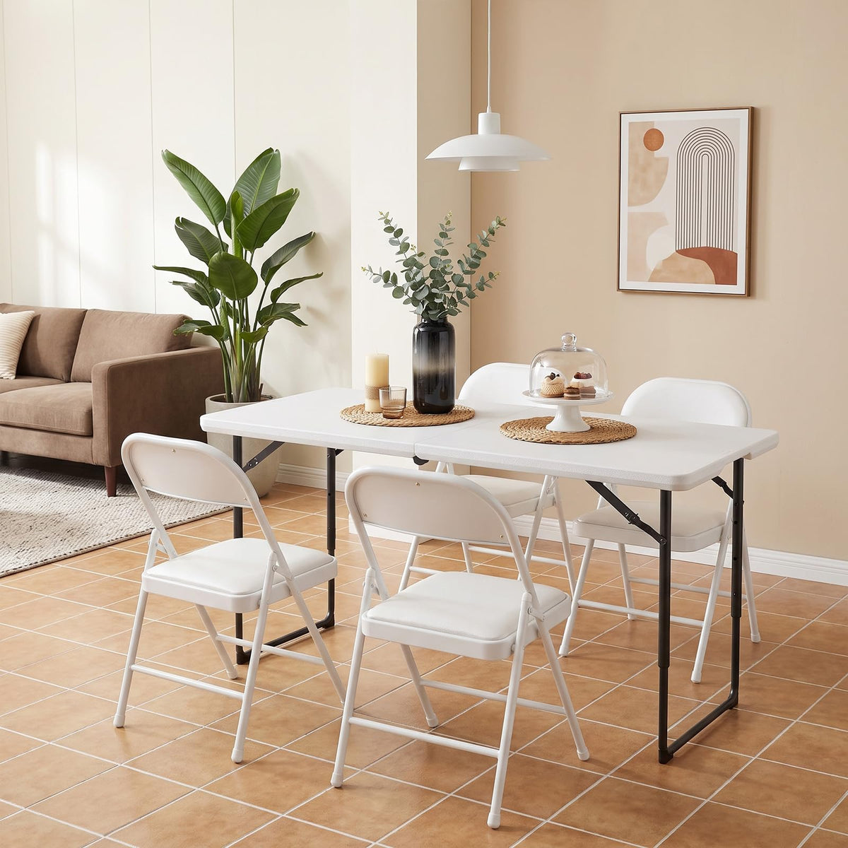 4FT Folding Table 4 Pack, Adjustable Height Heavy Duty Plastic Folding Tables with Carry Handles, Fold-in-Half Portable