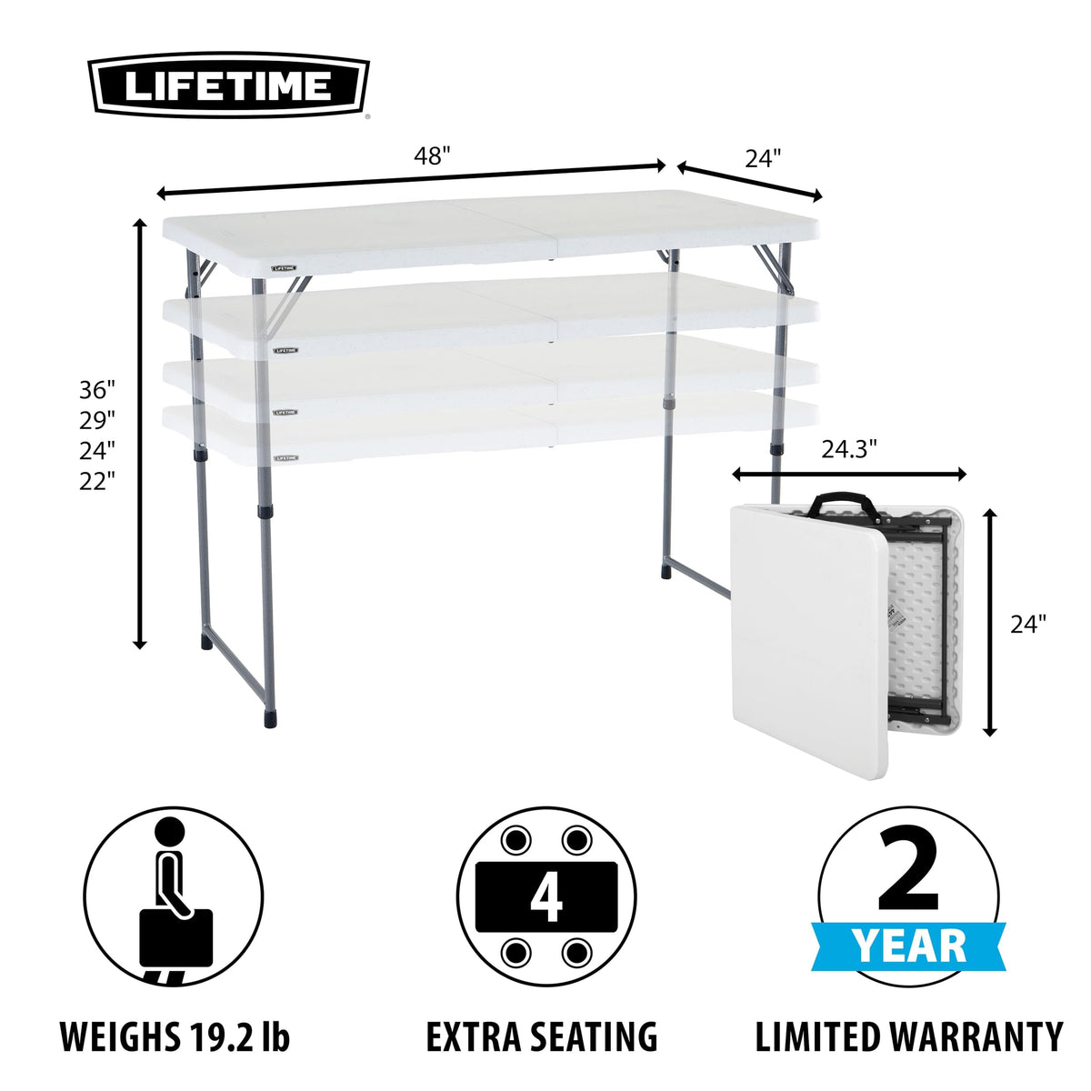 Fold-in-Half Adjustable Folding Table, 4 Foot