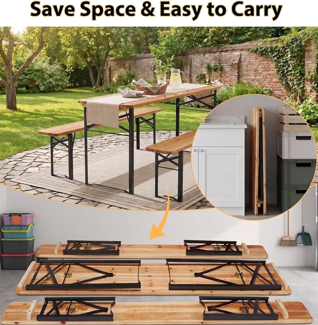 5.8FT 3-Piece Portable Picnic Table Bench Set, 6-8 Person Folding Wooden Dining Table Set, 70" Patio Beer Table for