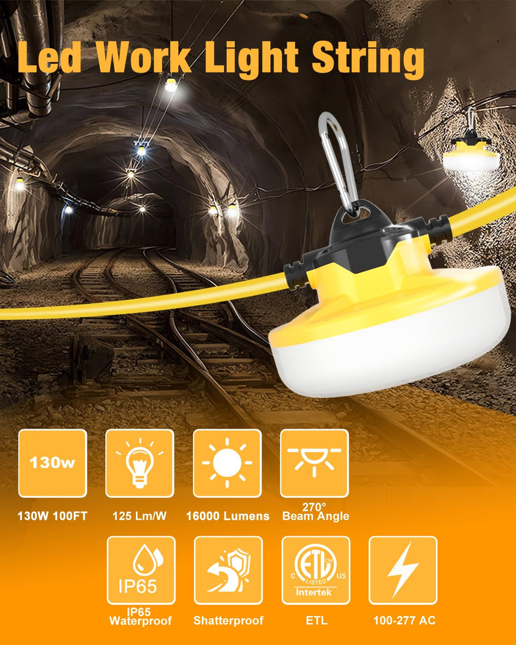 LED Construction String Light, 130W 16000Lm Industrial LED String Work Lights with 10 Bulbs, Linkable 5000K