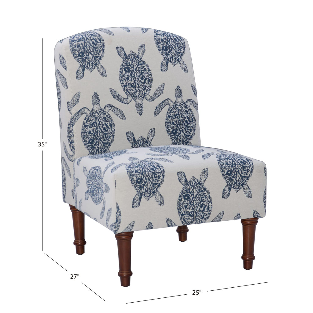 Markay Accent Chair, 25"W x 18.75"D x 35H, Ivory with Blue Sea Turtle Pattern, Traditional, Coastal, Upholstered