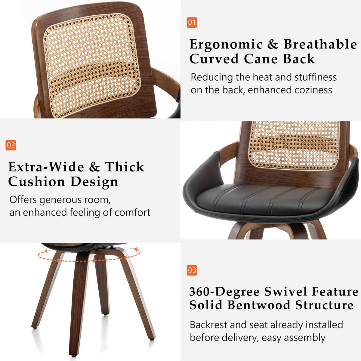 Set of 4 Kitchen & Dining Room Chairs - Swivel Dining Chairs with Cane Back, Walnut Bentwood Frame, Faux Leather