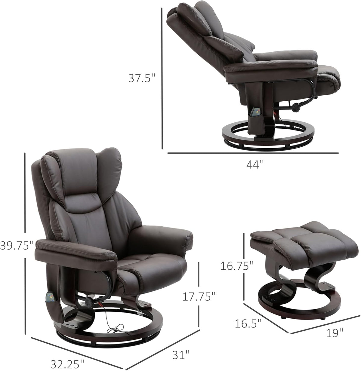Modern Reclining Swivel Lounge Chair and Ottoman — Brown Faux Leather
