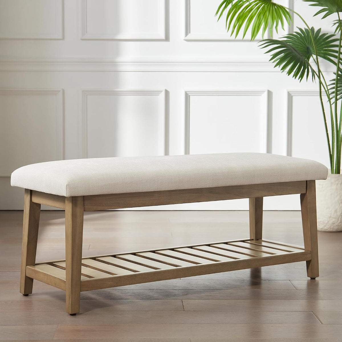 Entryway Bench, Chenille Upholstered Shoe Benches , Ottoman Bench with Solid Wood Shelf, Storage Benches (Beige)
