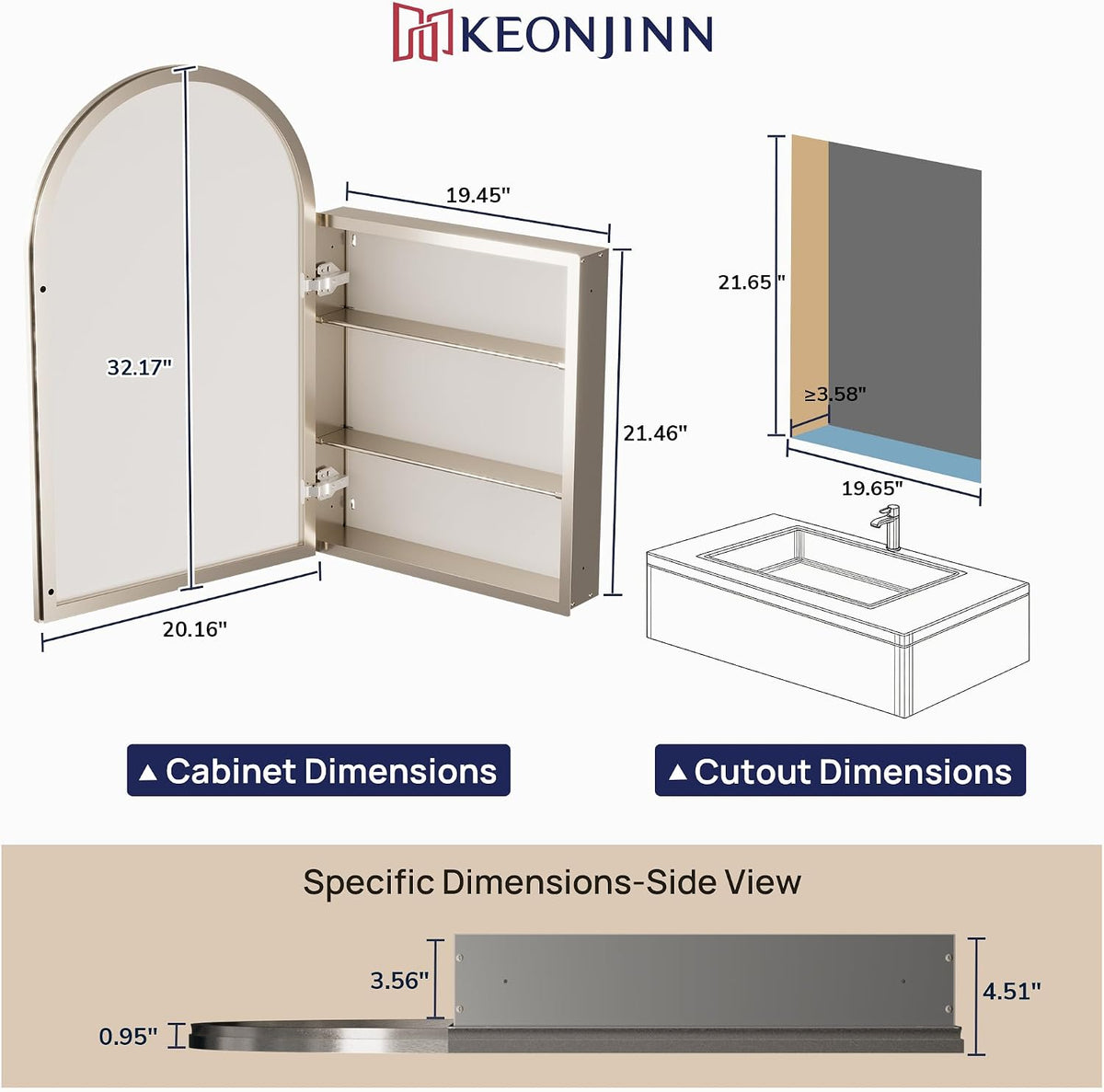 Arched Medicine Cabinet with Mirror 20" x 32", Brushed Nickel | Assembly Required, Surface Mount Medicine Cabinet
