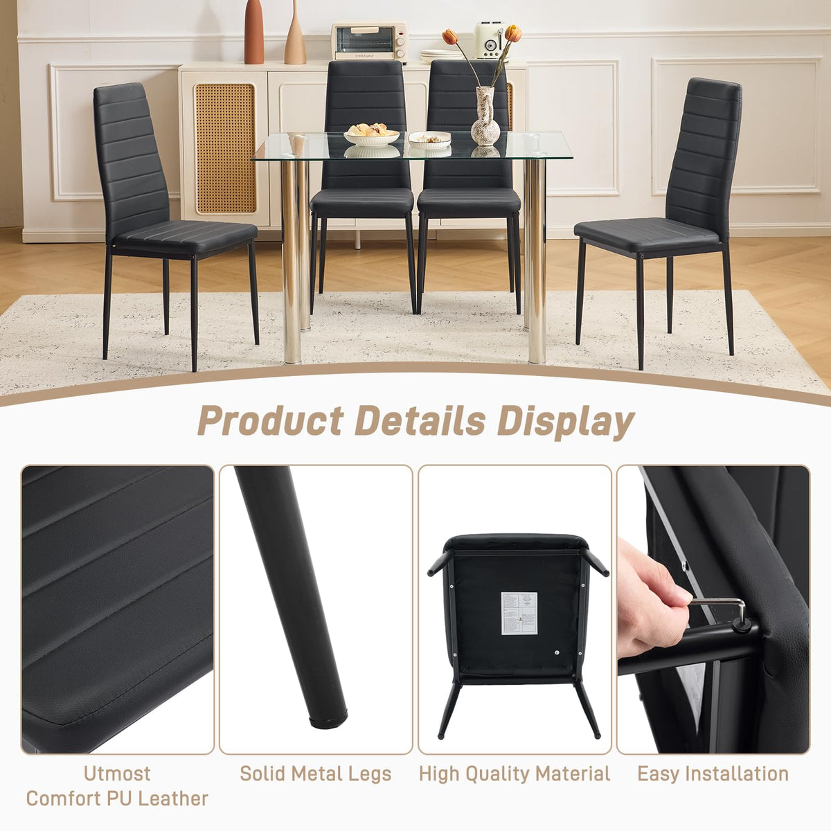 Dining Chairs Set of 4, PU Leather & High Back, Black