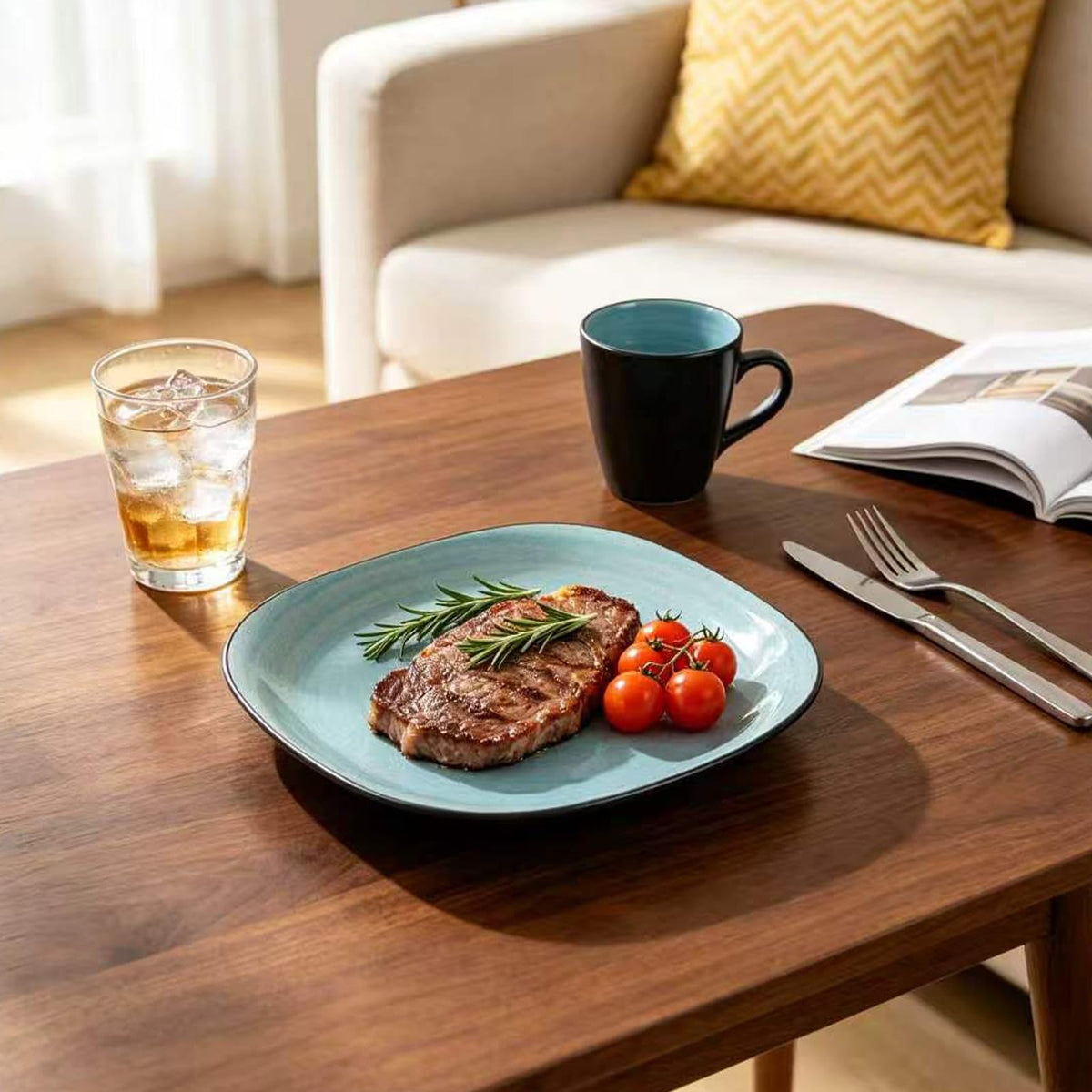 Stoneware Square 16pc Dinnerware Set, Inside Spinwaseh Swirl Turquoise + Outside Black