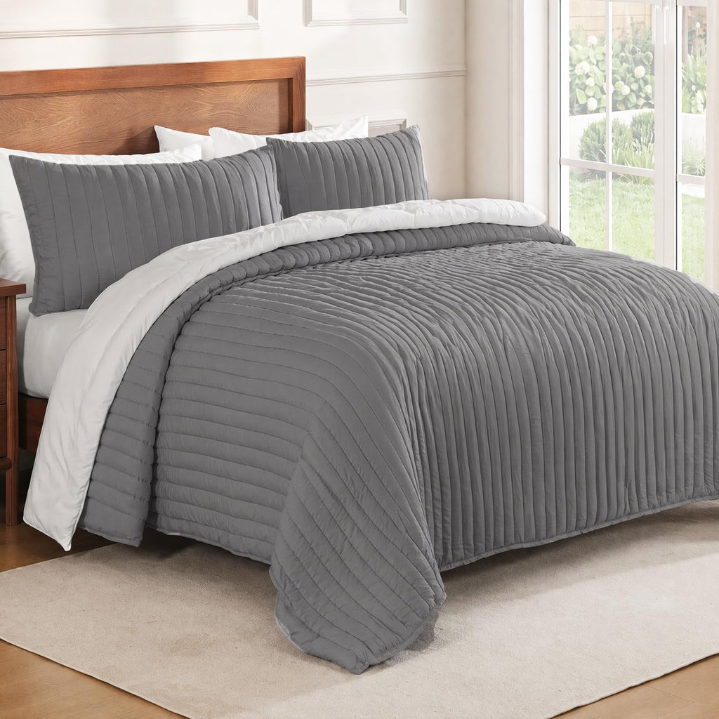 Striped Stitched Quilt Set +2 Pillow Shams, Grey Quilts