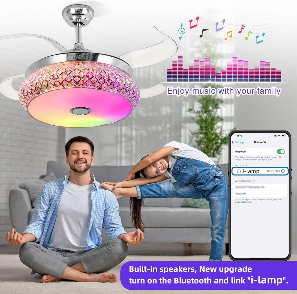 Retractable Ceiling Fan Bluetooth Celing Fans whit Lights and Speaker