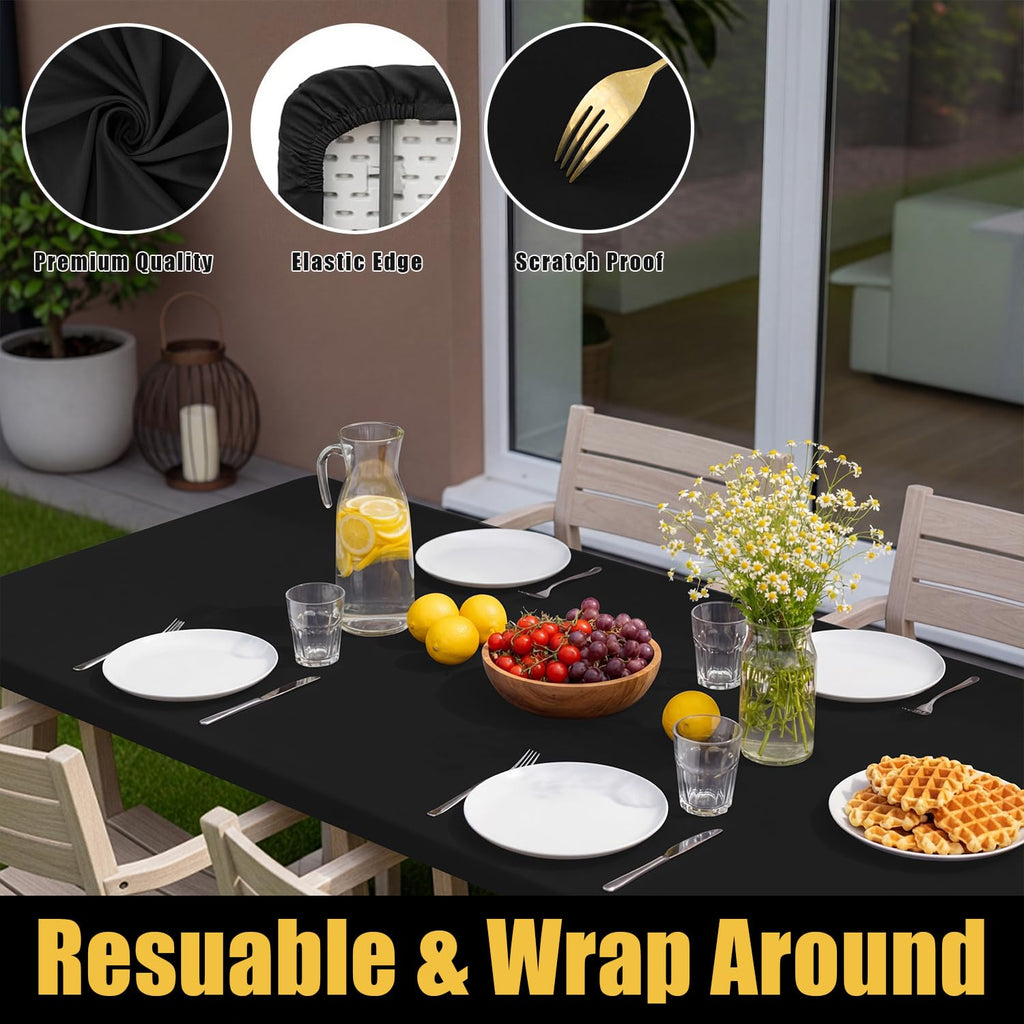 Rectangle Picnic Table Cloth, Waterproof Elastic Fitted Tablecloths for 8 Foot Tables, Washable Polyester Table Cover