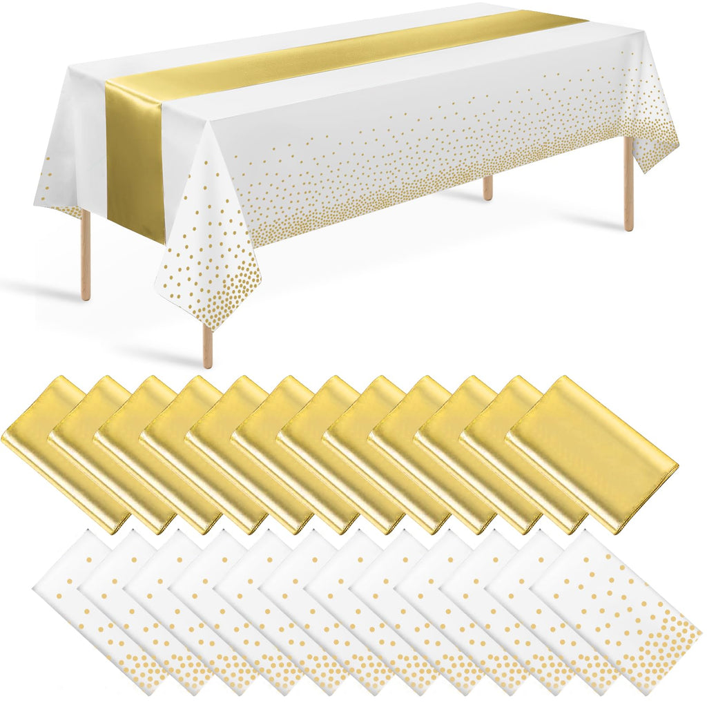 24 Pack White and Gold Tablecloth and Table Runner Set Party Decorations, White and Yellow Gold Plastic Disposable