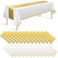 24 Pack White and Gold Tablecloth and Table Runner Set Party Decorations, White and Yellow Gold Plastic Disposable