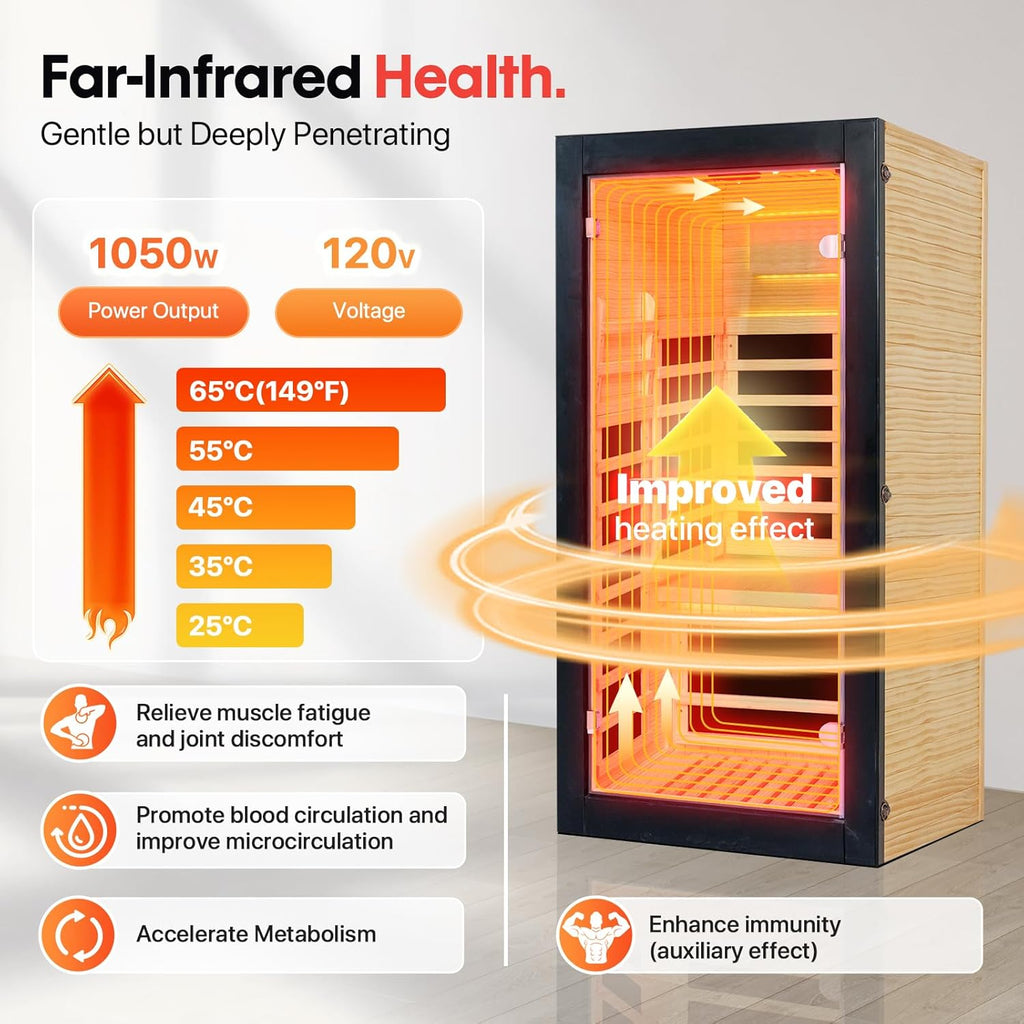 Sauna One Person Infrared Saunas Room Chilean Pine Wood 1050W Dry Saunas Spa with 7 Color Starry Sky Light Oxygen Bar