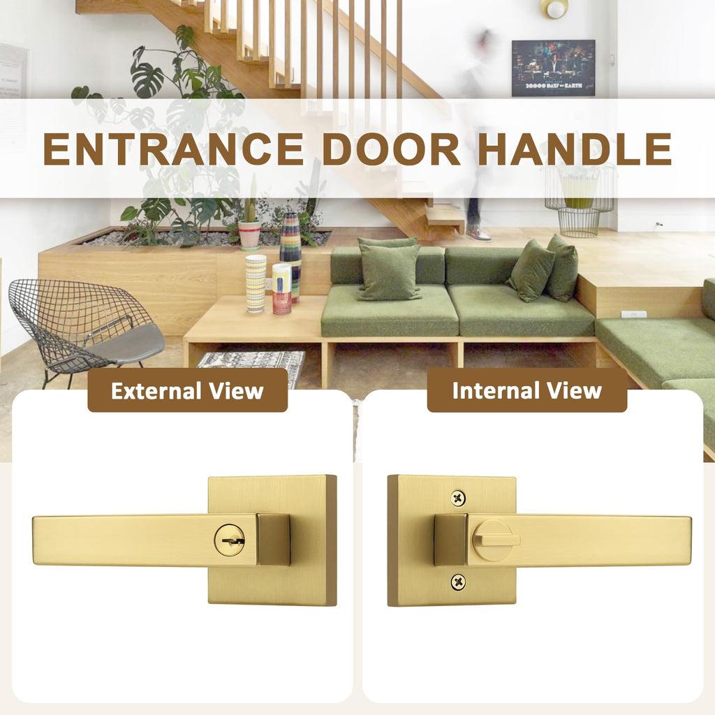 2 Pack Gold Entry Door Handles,Satin Brass Heavy Duty Interior Front Door Handles with Keys, Entrance Exterior
