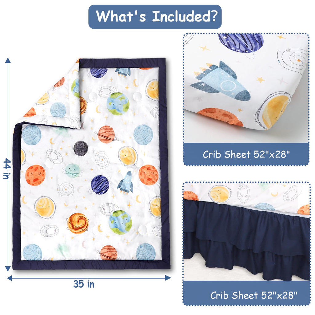 3 Piece Baby Crib Bedding Set for Boys, Planets