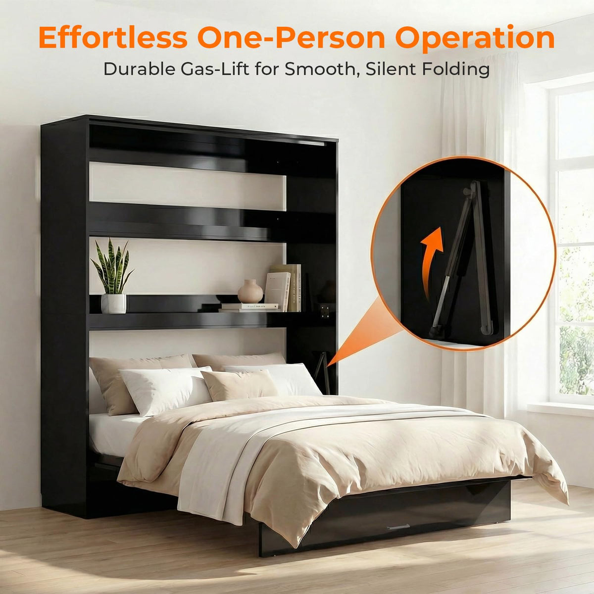 Full Vertical Murphy Bed Wall with Storage&Gas-Lift(Gloss Black)
