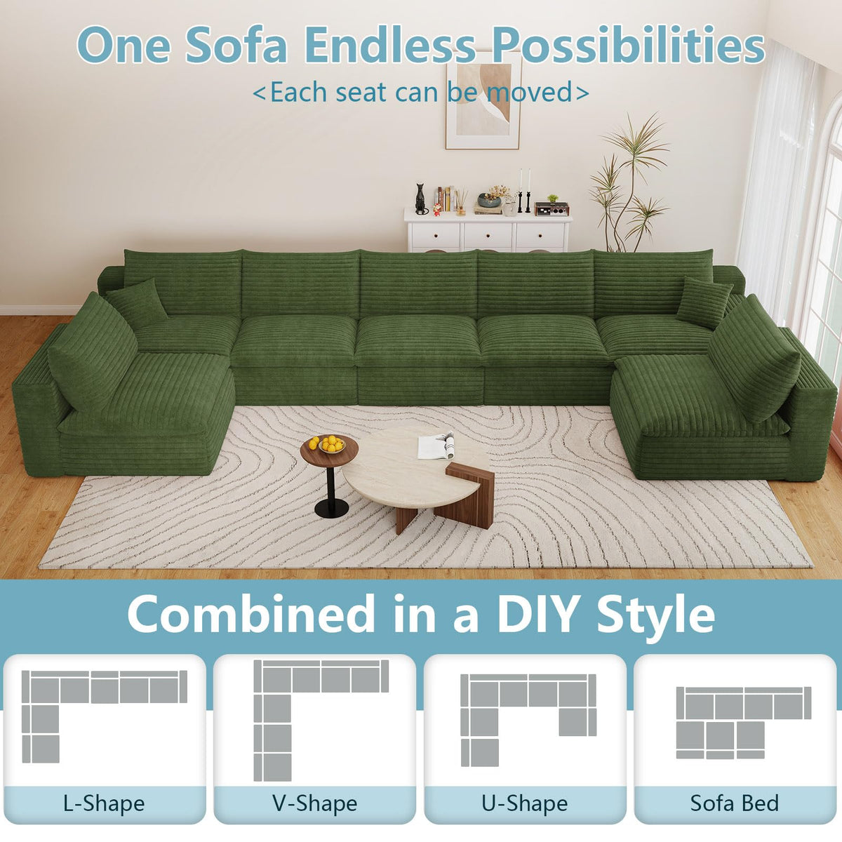 165" Oversized Cloud Sectional Couch with U-Shaped Chaise, 7-Seater Corduroy Viral Boneless Sofa, Memory Foam Couches