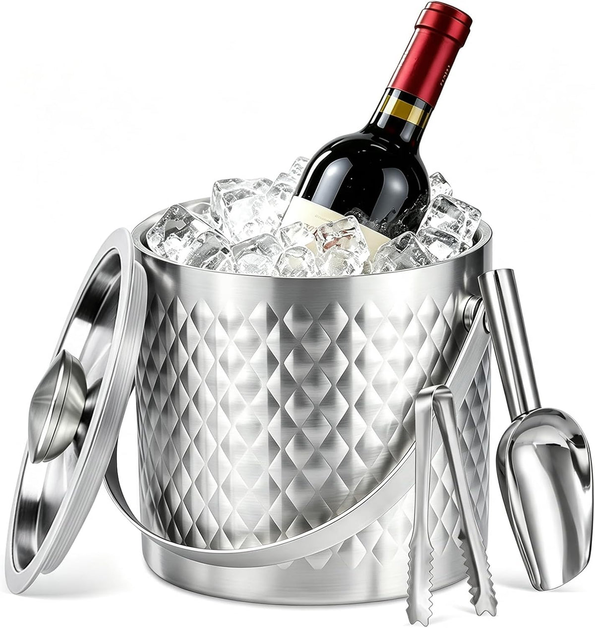 3.6 QT / 3.4L Stainless Steel Ice Bucket with Lid, Scoop & Tongs, Double Wall Insulated Ice Bucket for Parties