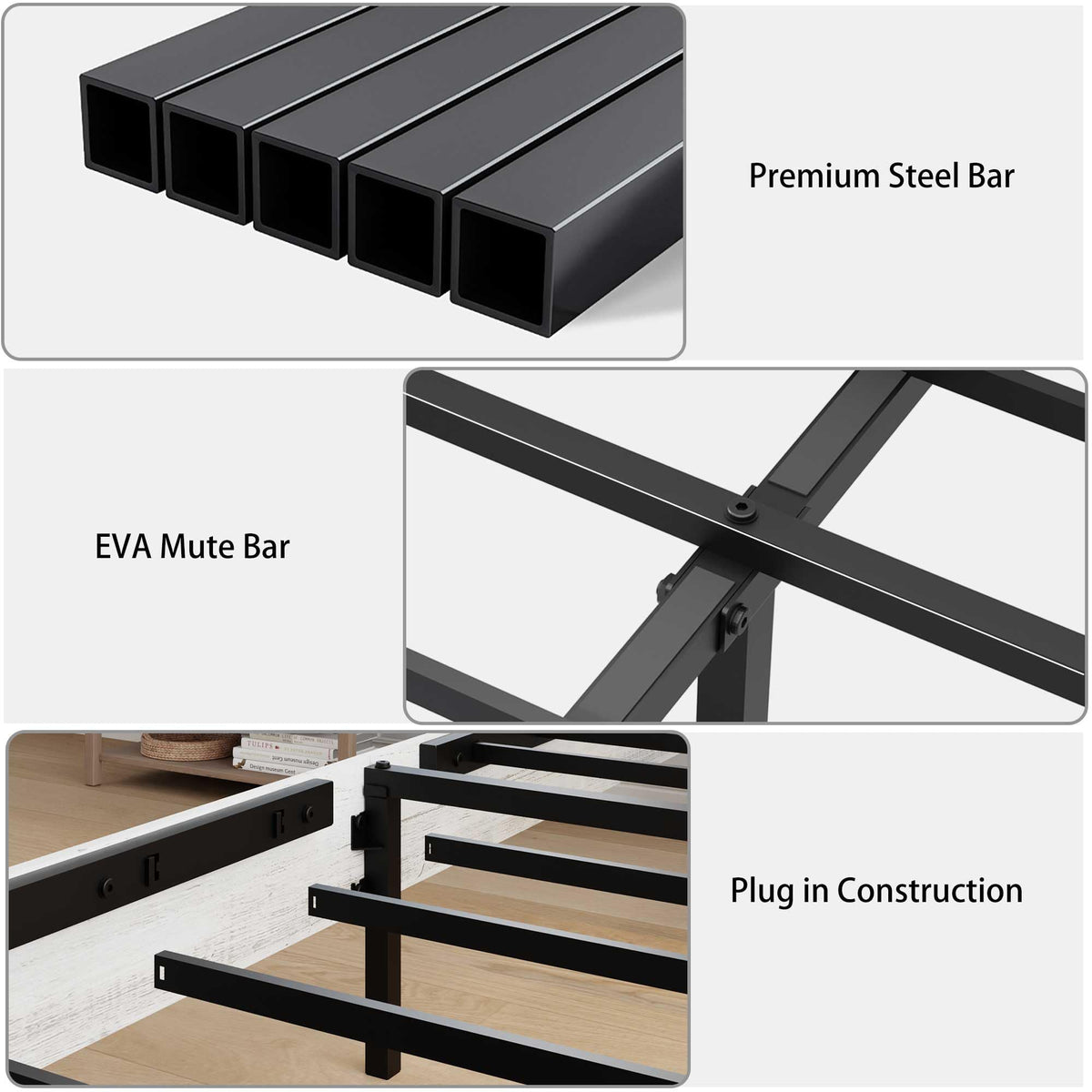 Wood Bed Frame with Storage Headboard, Farmhouse Platform Bed Frame with Charging