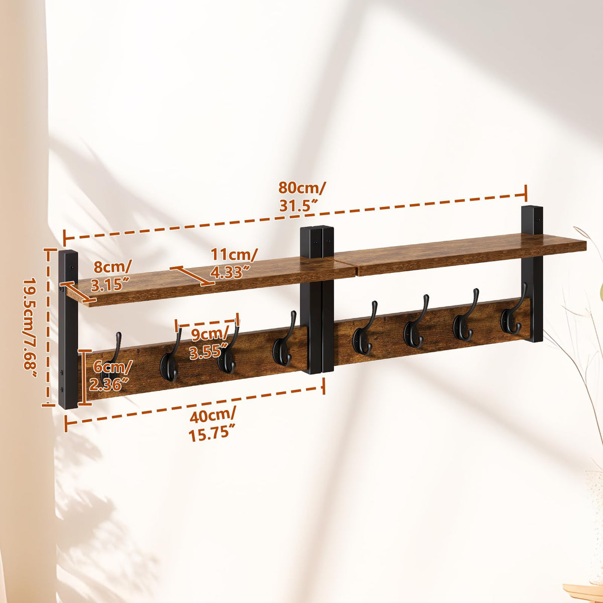 Coat Rack Wall Mount with Shelf and Hooks, Rustic Brown