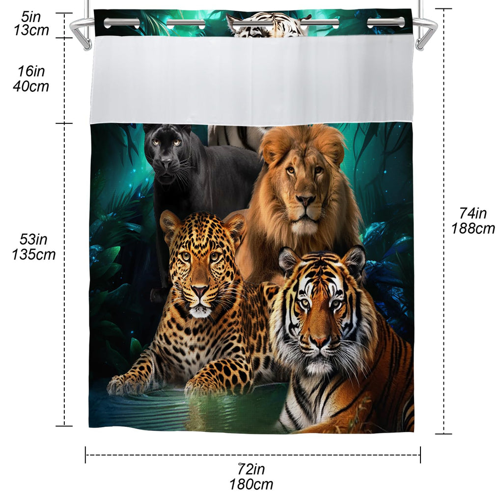 Wild Jungle Animal Waffle Shower Curtain Leopard Lion Tiger Panther No Hooks Shower Curtains with Snap in Liner