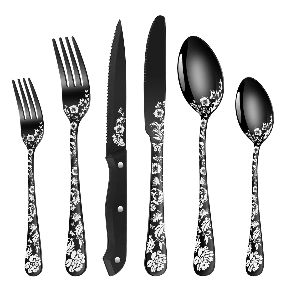 48-Piece Black Silverware Set with Steak Knife, Black Flatware Sets for 8, Stainless Steel Cutlery Set Includes Forks