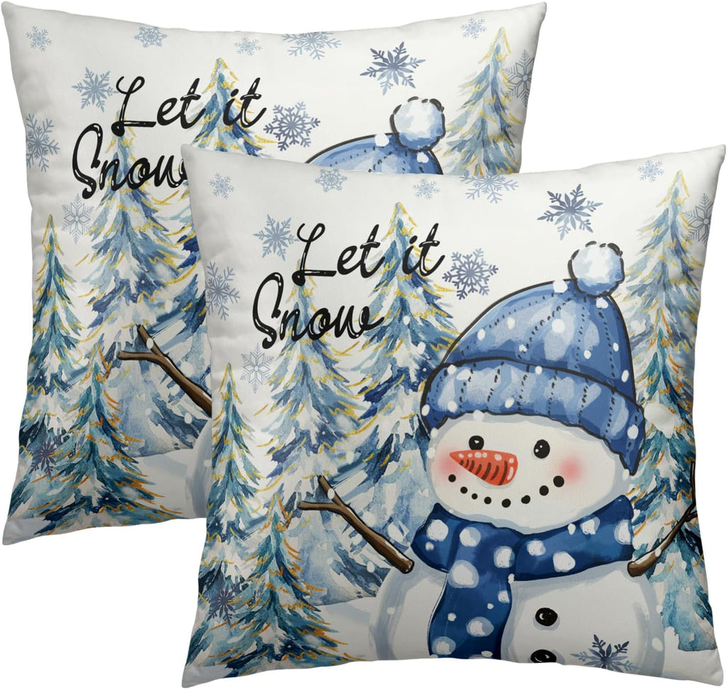 Winter Throw Pillow Covers 18x18 Inch Snow Snowman Pine Trees Holiday Cotton Hidden Zipper Pillowcases - Set of 2