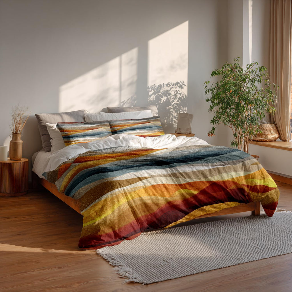 Horizontal Ochre Bands Duvet Cover Set, 3 Pieces Colorful Wave Like Landscape 100% Cotton Bedding Sets