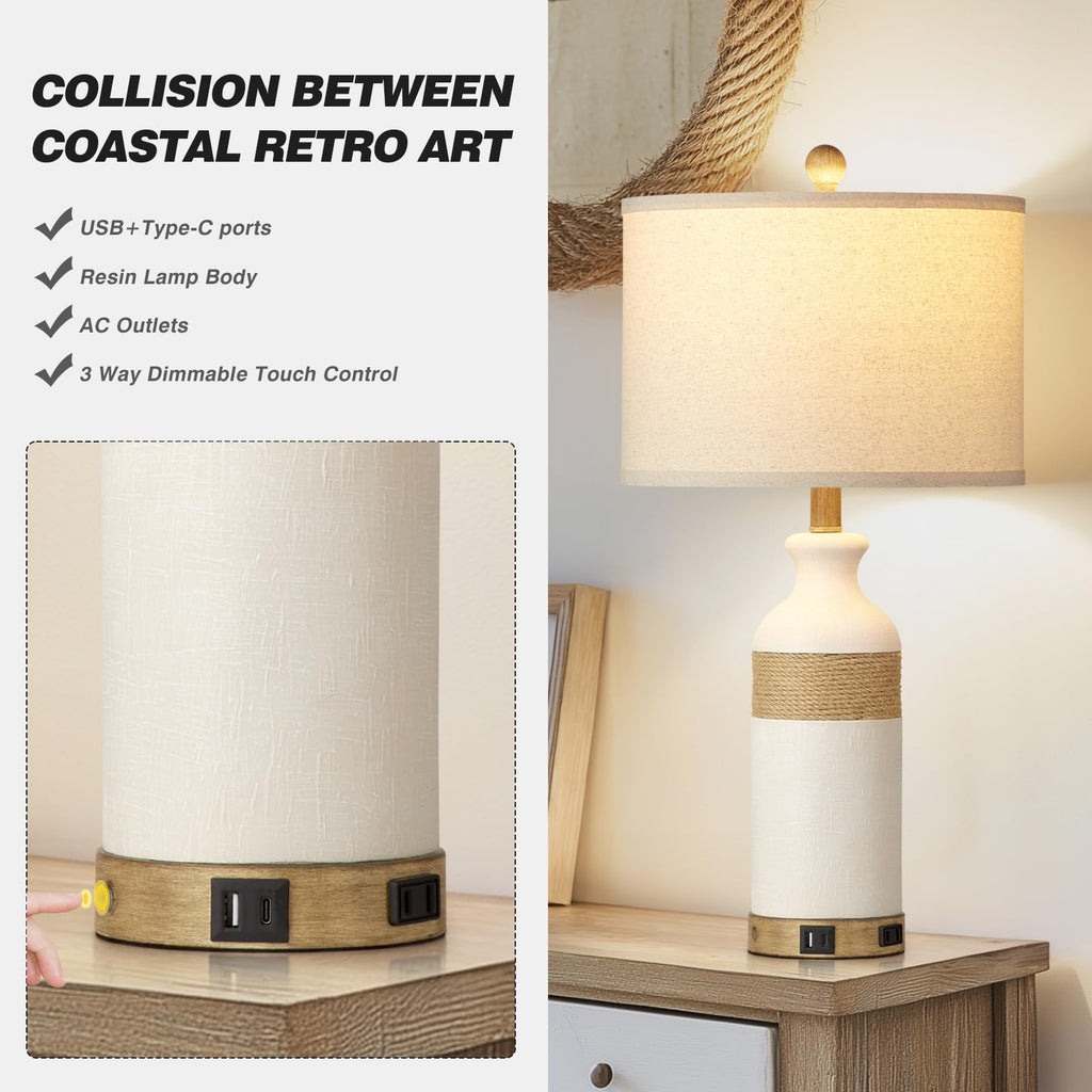 Boho Rattan Table Lamps Nightstand 26" Farmhouse Bedside lamp Set of 2 with USB C+A Ports & AC Outlet, 3-Way Dimmable