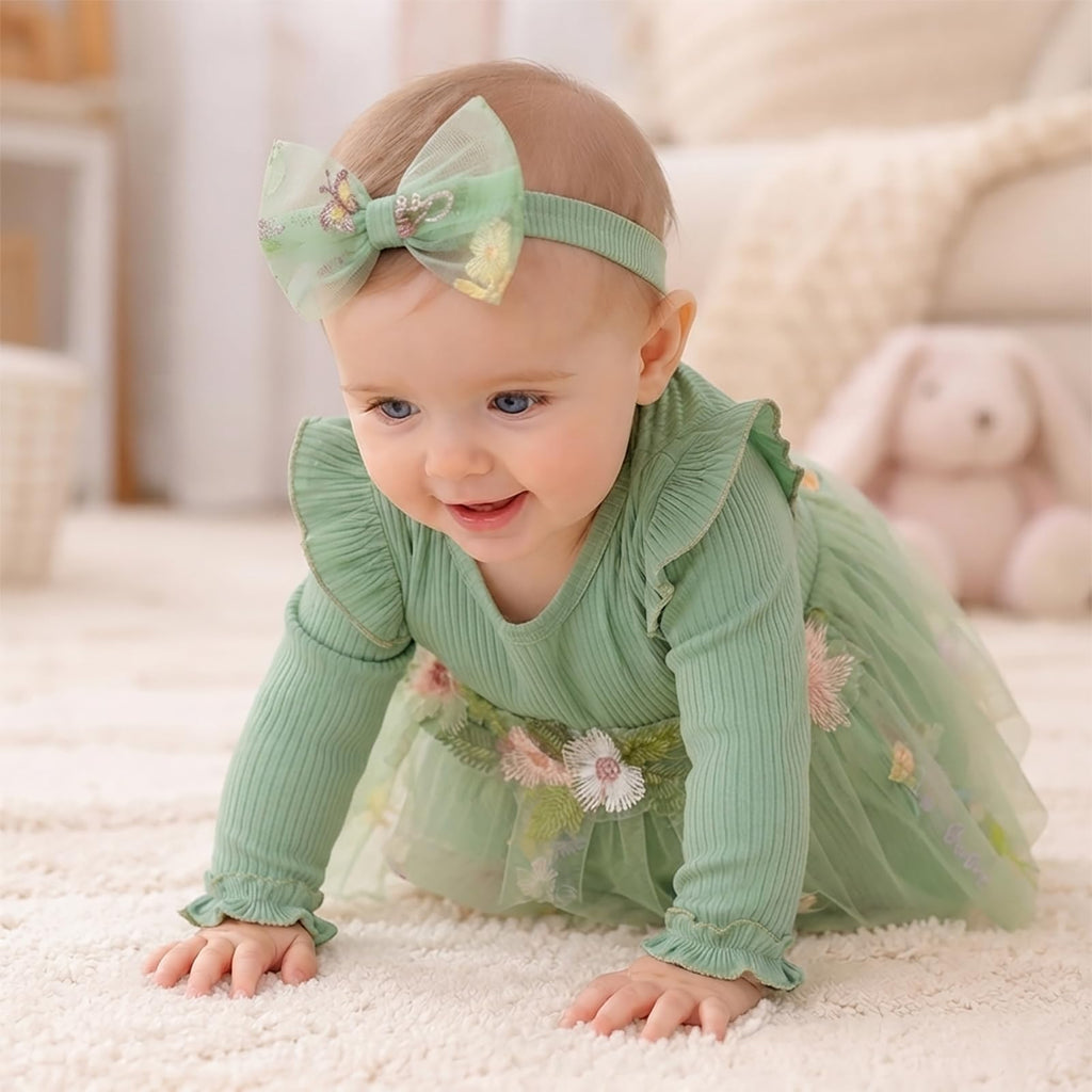 Baby Girl Romper Dress Tulle Skirt Bodysuit with Headband for Infants