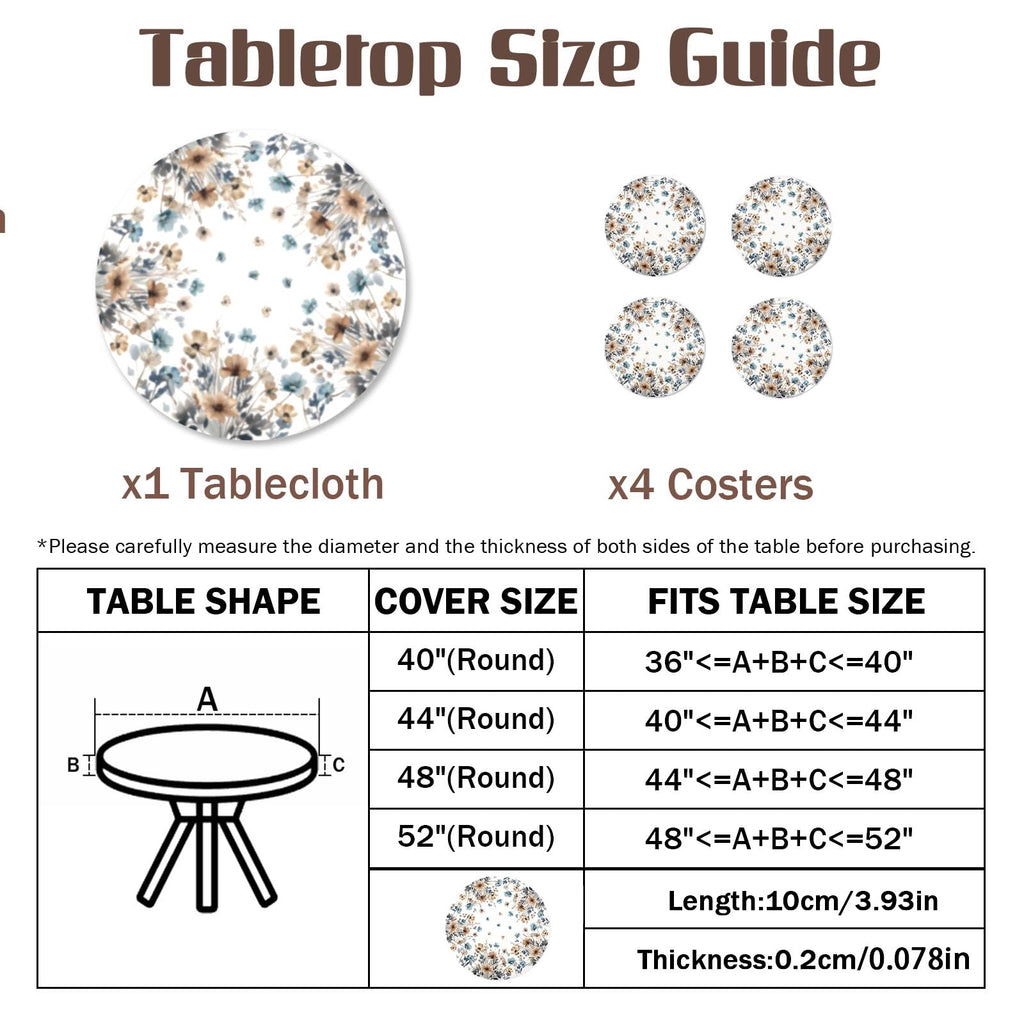 Floral Round Fitted Tablecloth with Elastic Edge Vintage Beige Blue Brown Wildflowers Leaf Table Cover for 44-48"